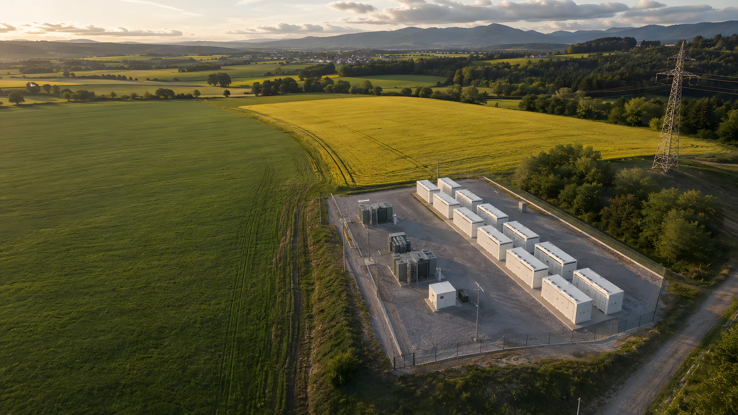 Utility-scale battery energy storage installation in the Austrian countryside at sunset, connected to a high-voltage transmission tower.